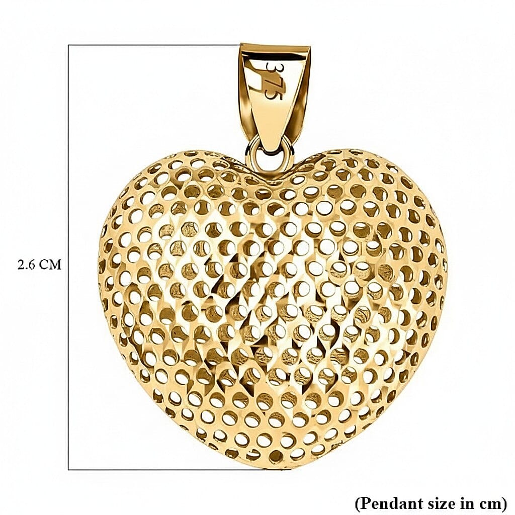 9K Yellow Gold 20mm x 25.5mm Mesh Heart Pendant