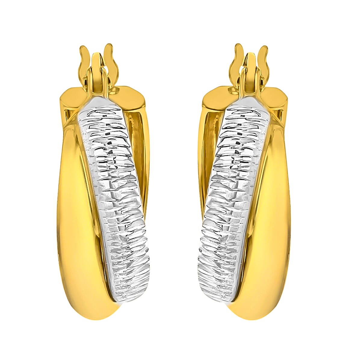 9K 2 Colour Gold 15mm Diamond Cut and Plain 2mm Band Crossover Creole Earrings