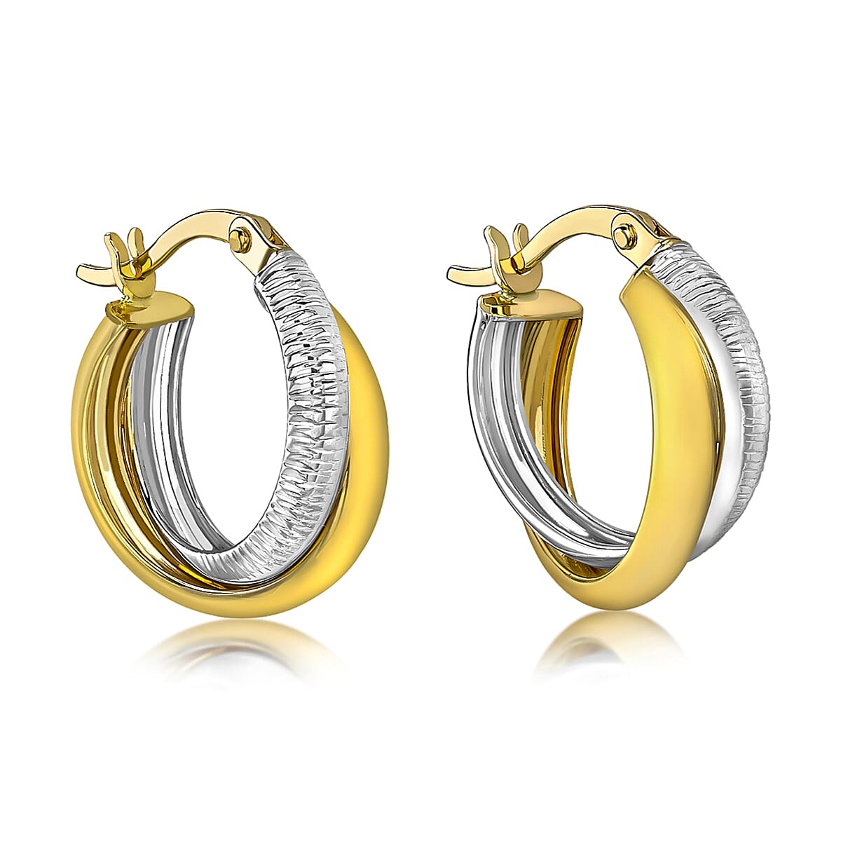 9K 2 Colour Gold 15mm Diamond Cut and Plain 2mm Band Crossover Creole Earrings
