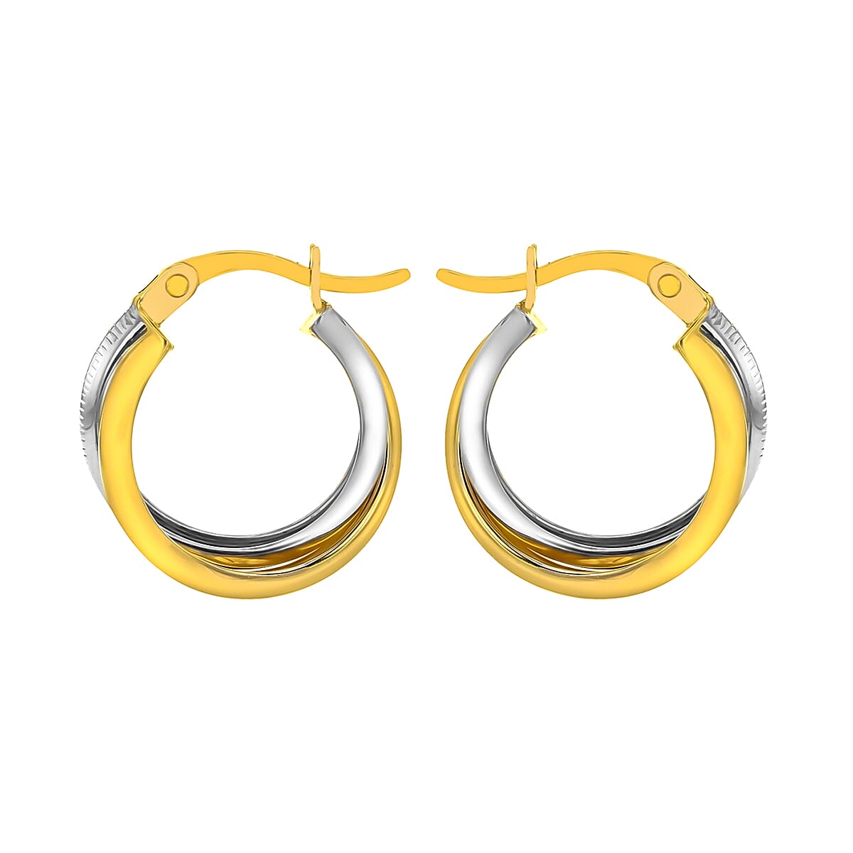 9K 2 Colour Gold 15mm Diamond Cut and Plain 2mm Band Crossover Creole Earrings