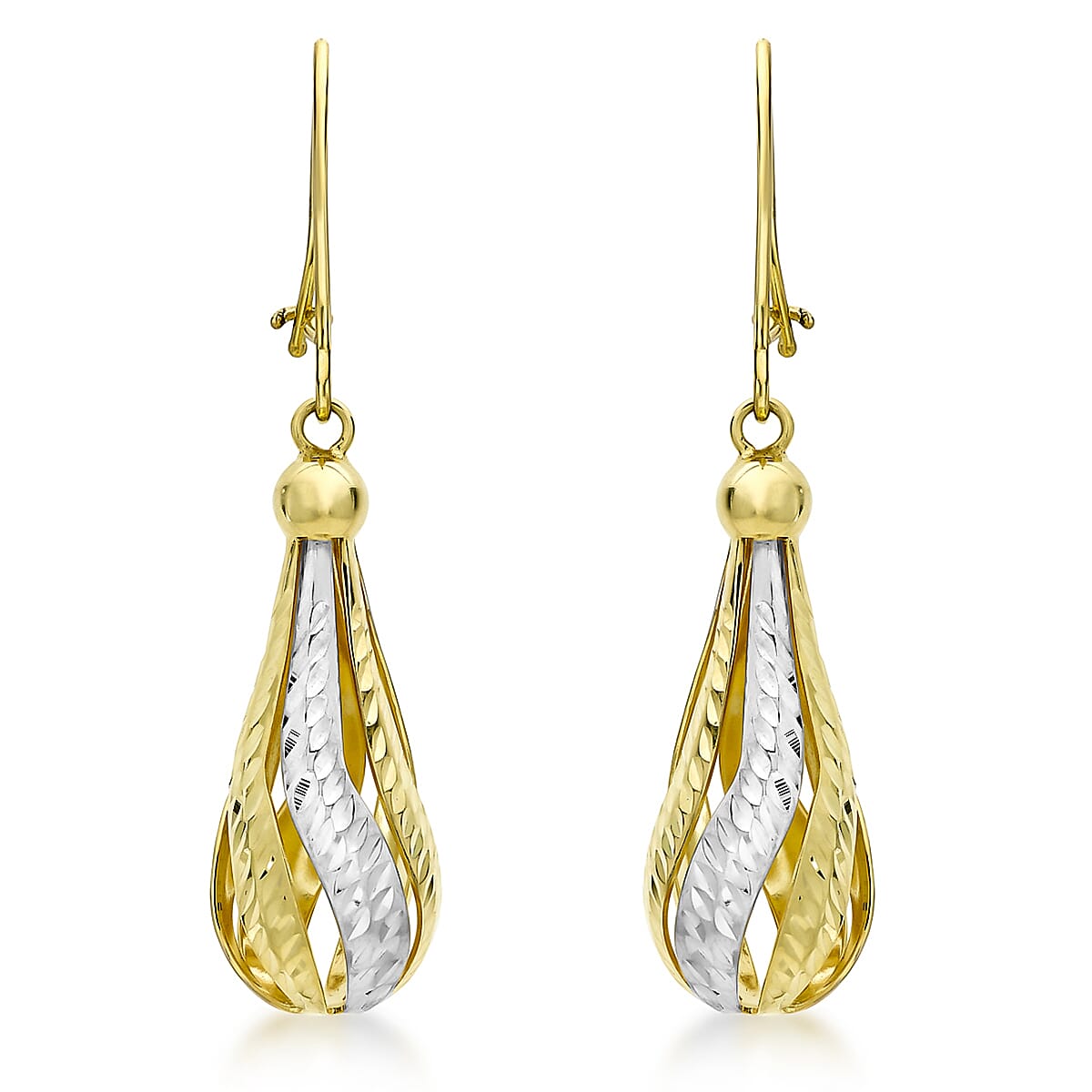 9K 2 Colour Gold 7mm x 34mm Diamond Cut Teardrop Earrings