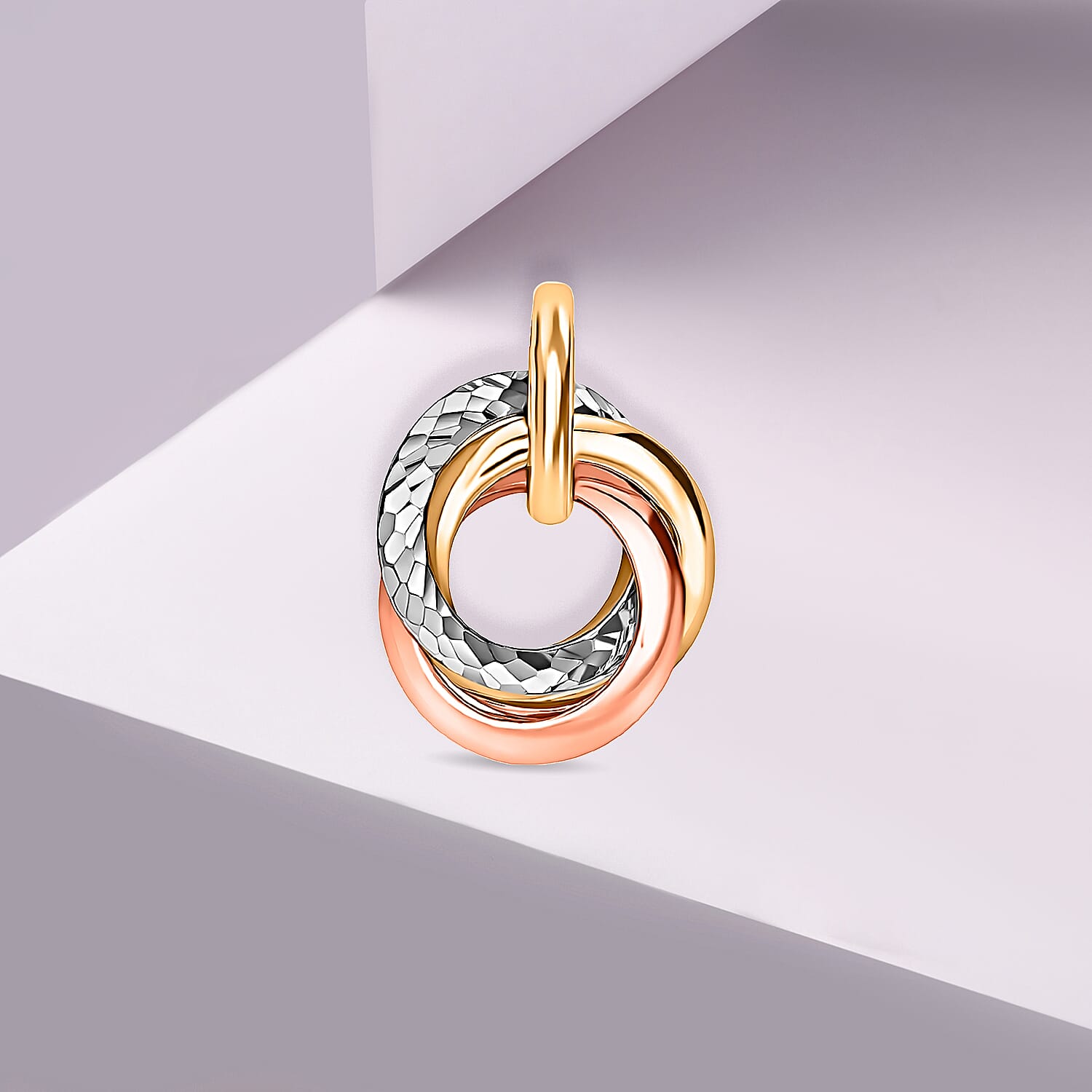 9K 3 Colour Gold 14mm x 18.4mm Diamond Cut Rings Pendant