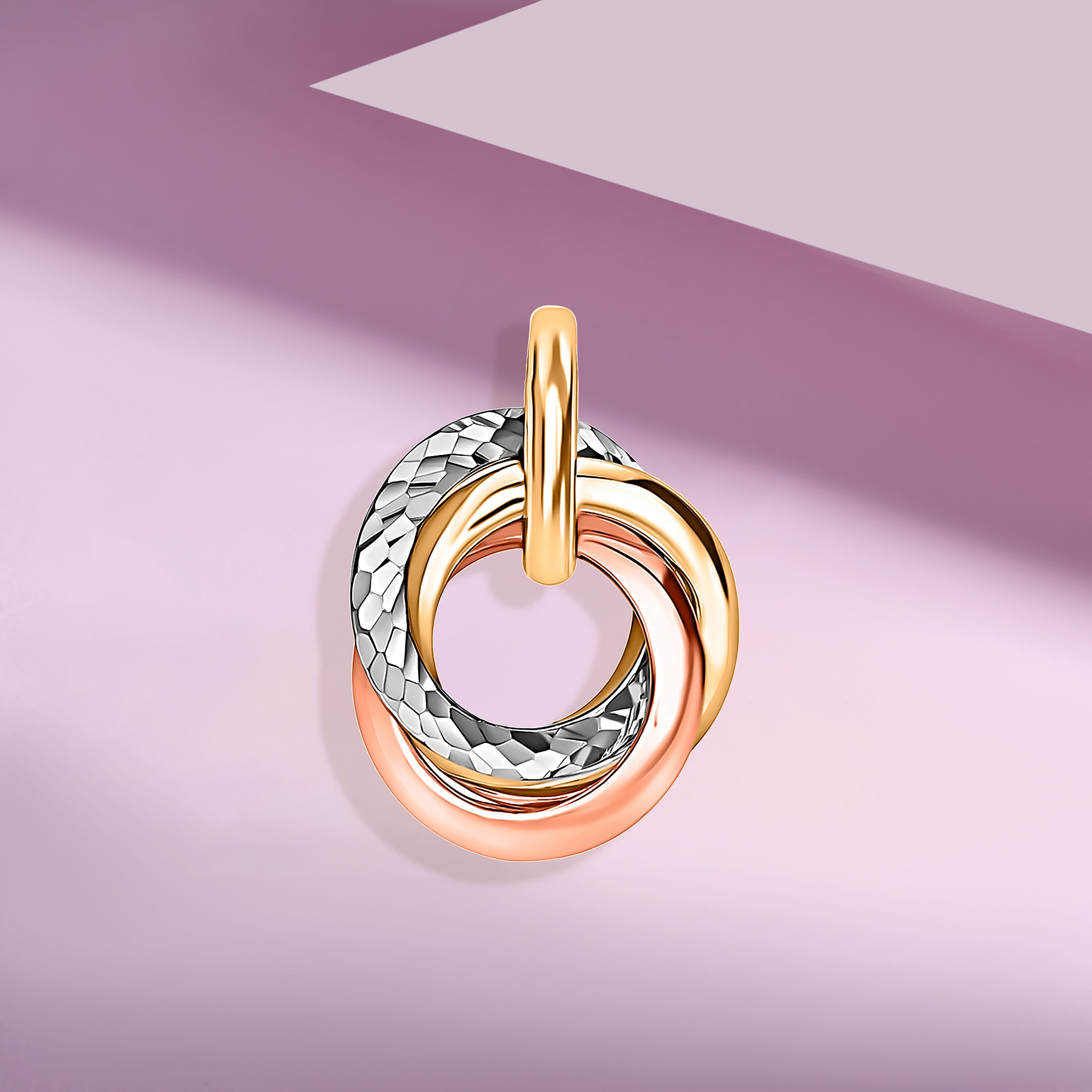 9K 3 Colour Gold 14mm x 18.4mm Diamond Cut Rings Pendant