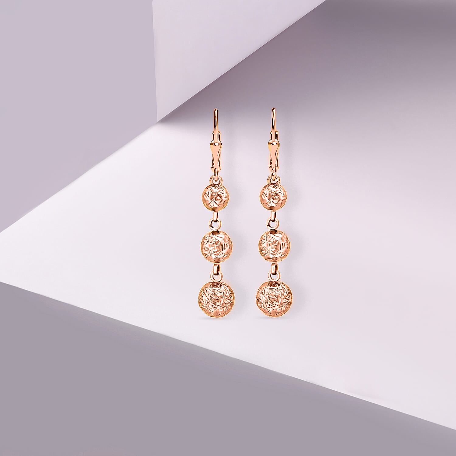 9K Rose Gold 25mm Diamond Cut Graduated Triple Ball Drop Earrings