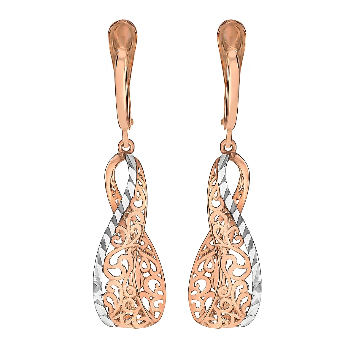 9K 2 Tone Gold 39.5mm Filigree Open Twist Drop Earrings