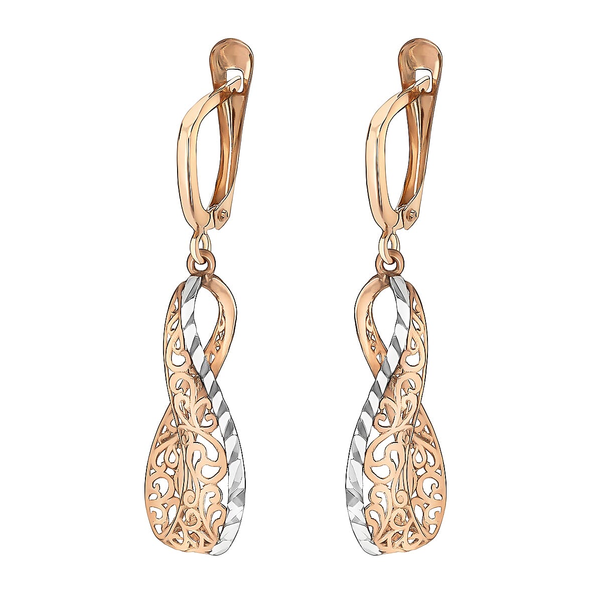 9K 2 Tone Gold 39.5mm Filigree Open Twist Drop Earrings