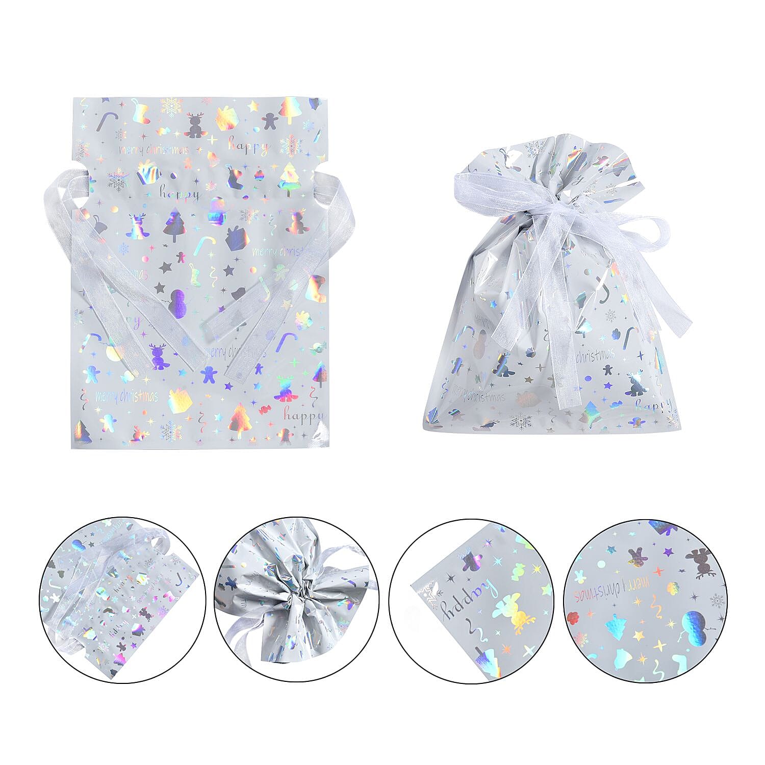 Set of 30 - Christmas Foil Gift Bags with Drawstring - Multi