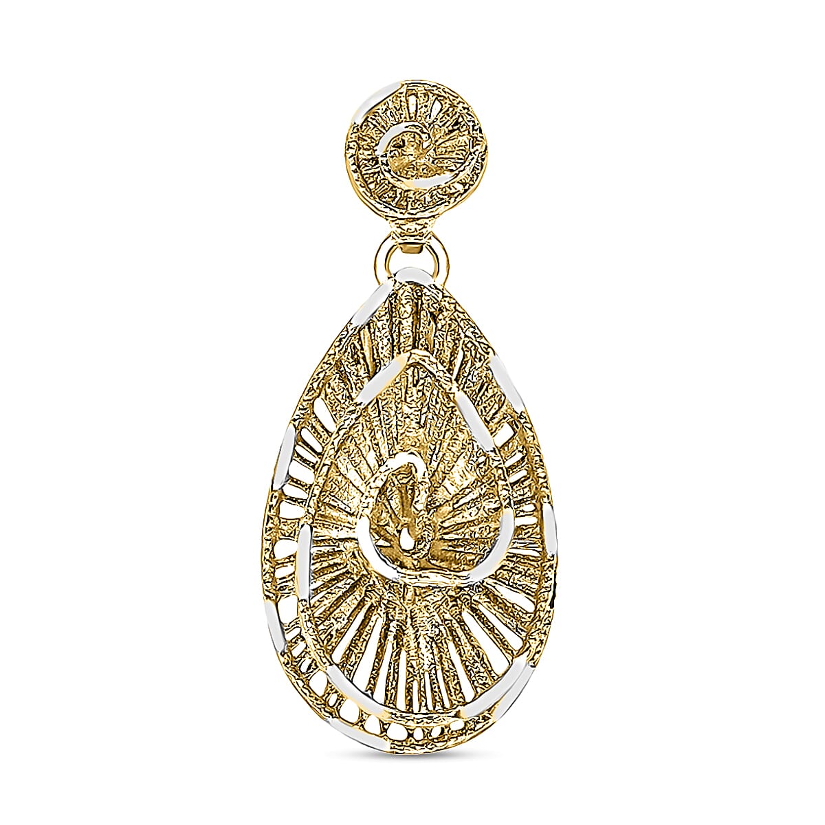 9K 2 Tone Gold 11.5mm x 25mm Lace Style Swirl Teardrop Pendant