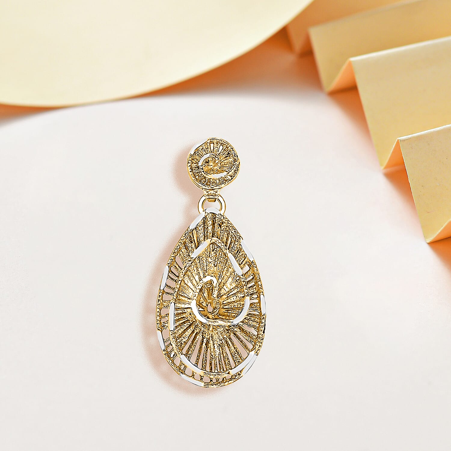 9K 2 Tone Gold 11.5mm x 25mm Lace Style Swirl Teardrop Pendant