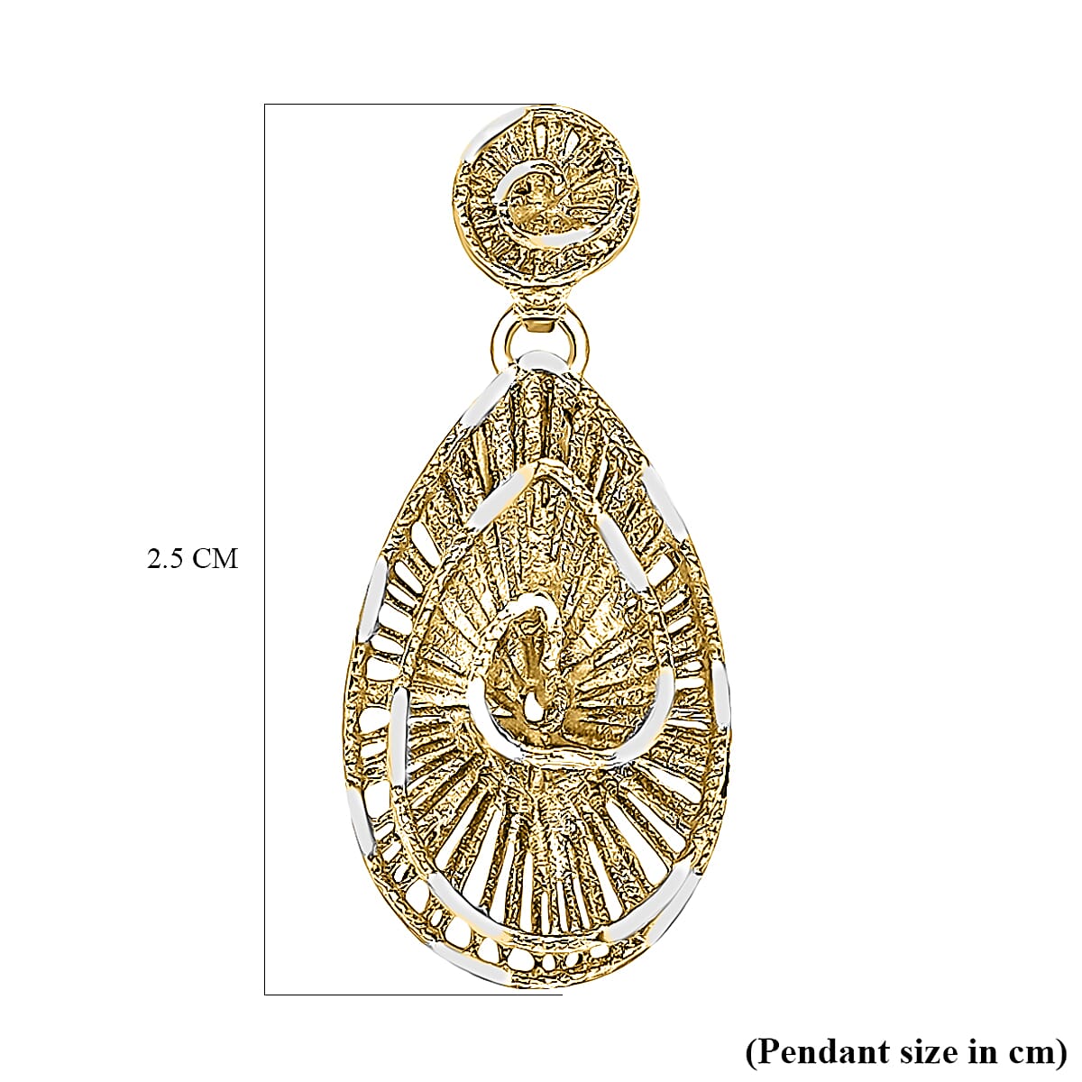 9K 2 Tone Gold 11.5mm x 25mm Lace Style Swirl Teardrop Pendant