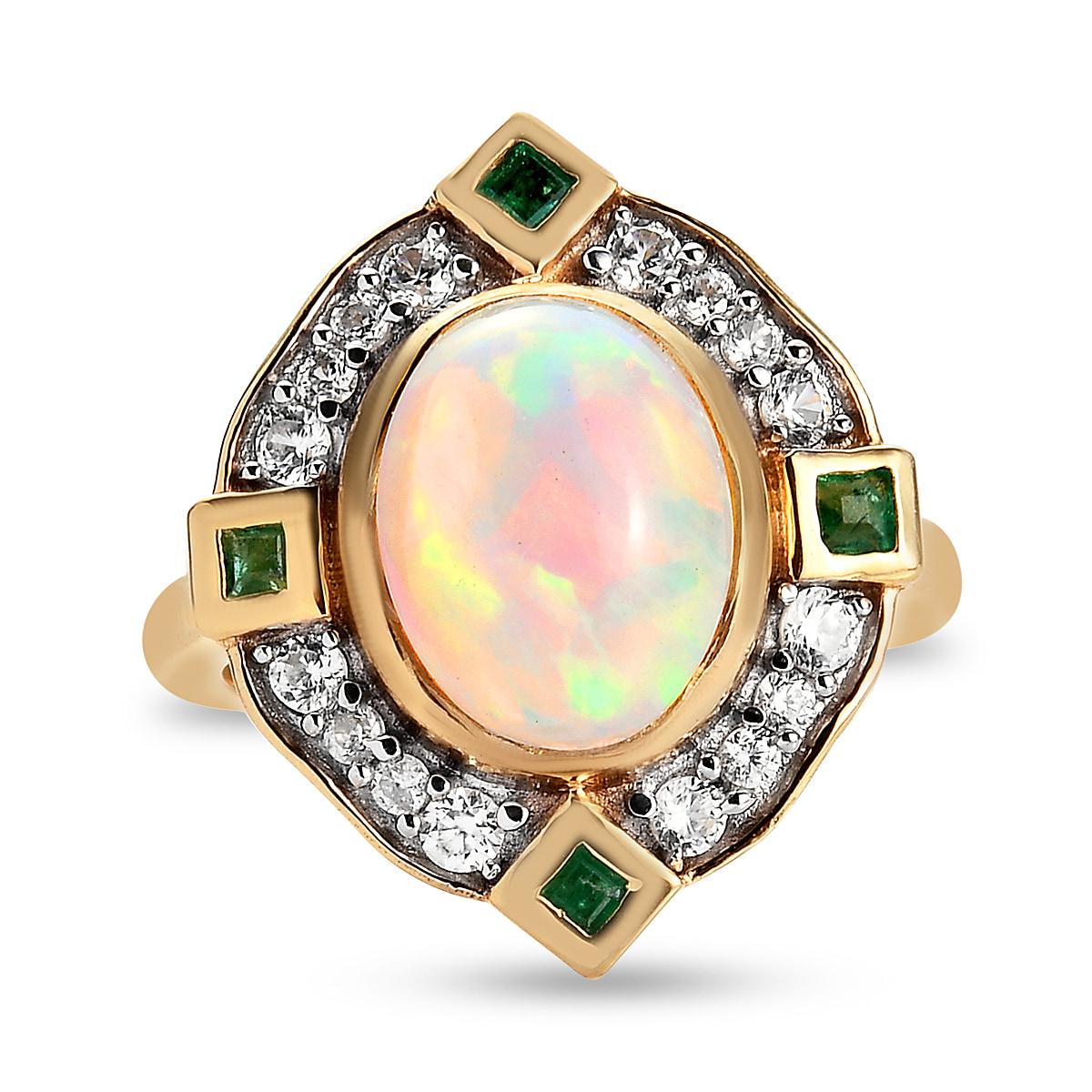 Ethiopian Welo Opal, Emerald and Natural Zircon Ring in 14K Gold Overlay Sterling Silver 2.41 Ct