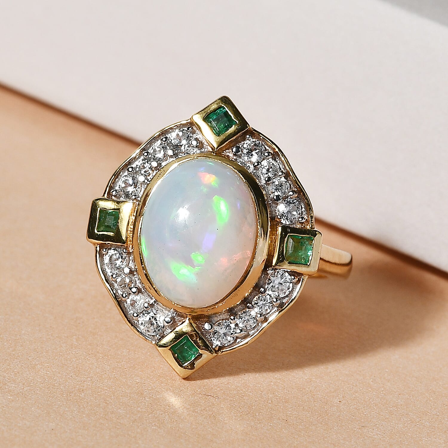 Ethiopian Welo Opal, Emerald and Natural Zircon Ring in Gold Overlay Sterling Silver 2.41 Ct, Silver Wt 5.16 Gms.