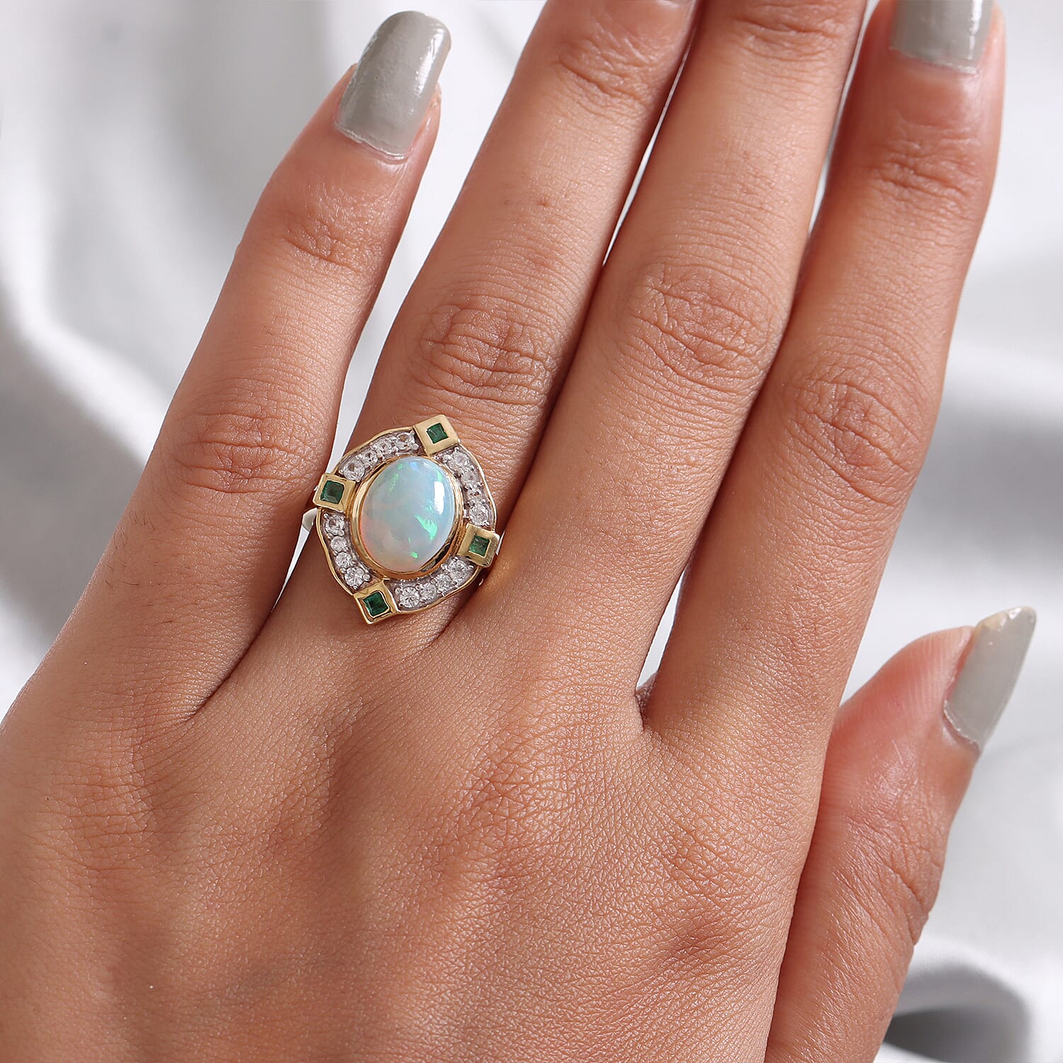 Ethiopian Welo Opal, Emerald and Natural Zircon Ring in Gold Overlay Sterling Silver 2.41 Ct, Silver Wt 5.16 Gms.