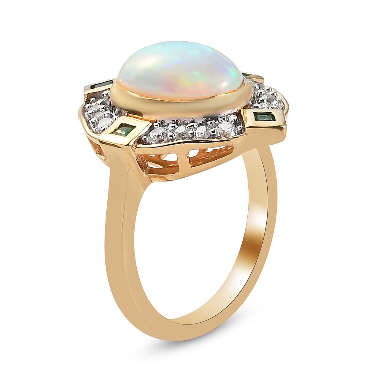 Ethiopian Welo Opal, Emerald and Natural Zircon Ring in Gold Overlay Sterling Silver 2.41 Ct, Silver Wt 5.16 Gms.