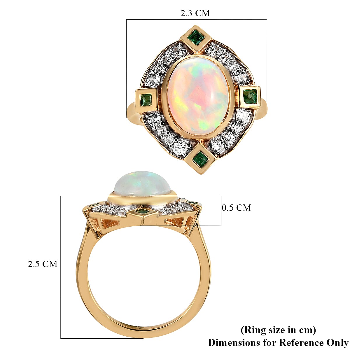 Ethiopian Welo Opal, Emerald and Natural Zircon Ring in Gold Overlay Sterling Silver 2.41 Ct, Silver Wt 5.16 Gms.