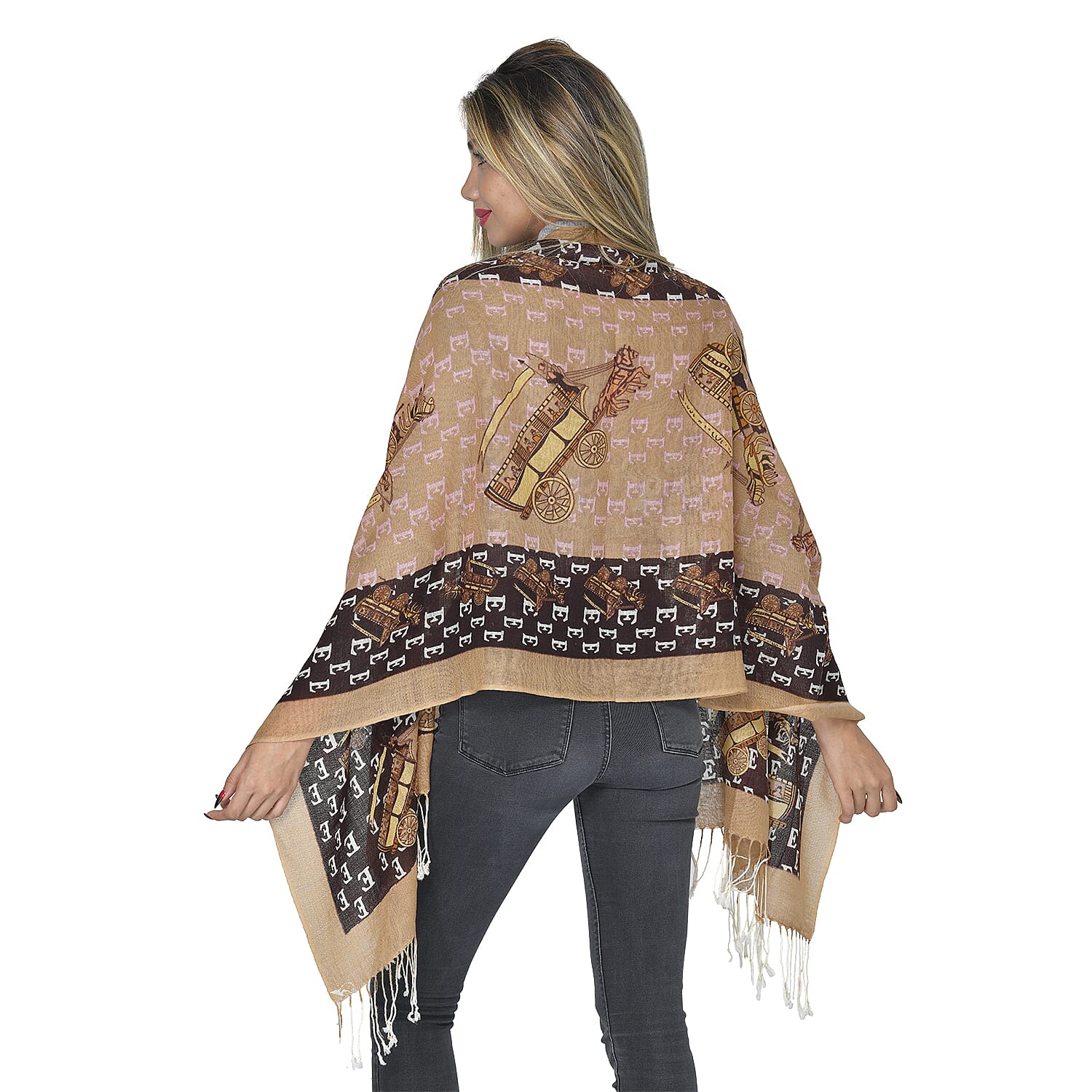 La Marey 100% Merino Woollen Horse Cart Pattern Scarf (Size 175x66 Cm) - Brown