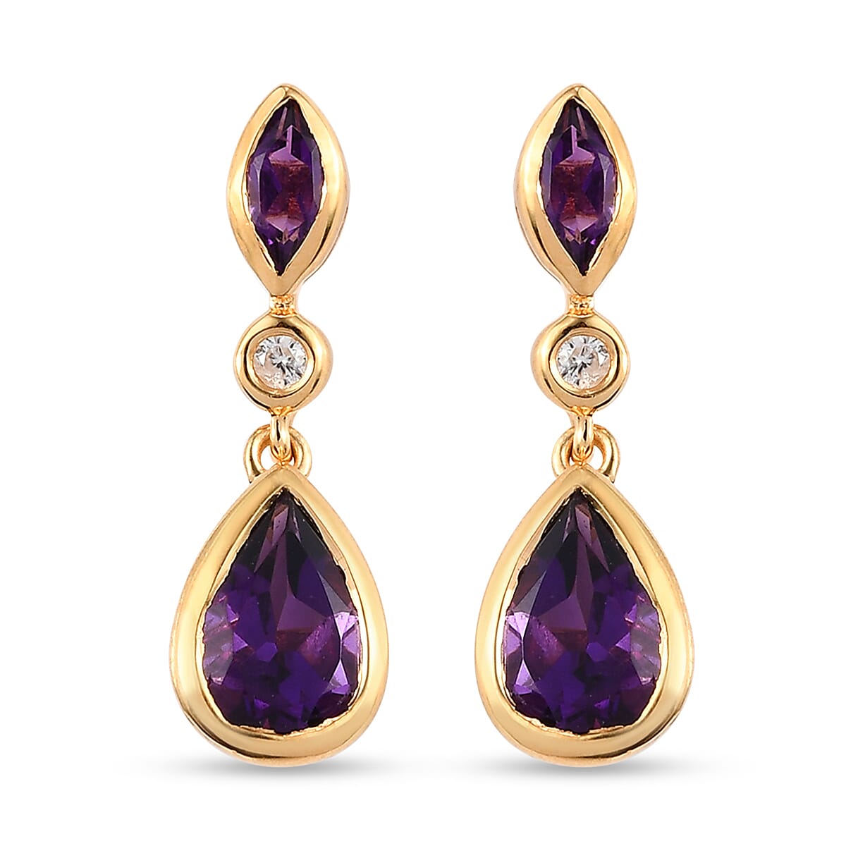 Lusaka Amethyst and Natural Zircon Dangle Earrings in 14K Gold Overlay Sterling Silver 2.88 Ct