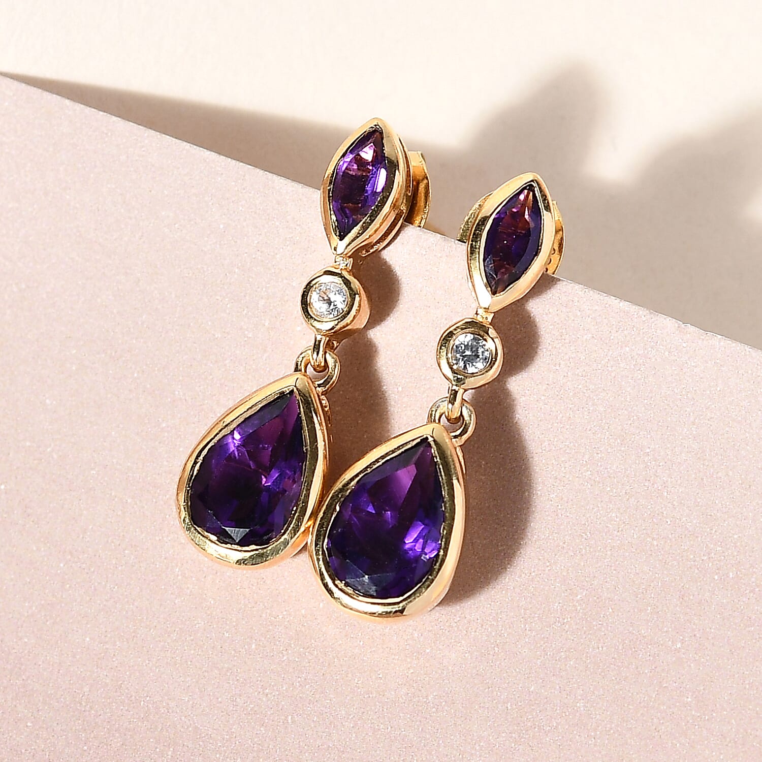 Lusaka Amethyst and Natural Zircon Dangle Earrings in 14K Gold Overlay Sterling Silver 2.88 Ct