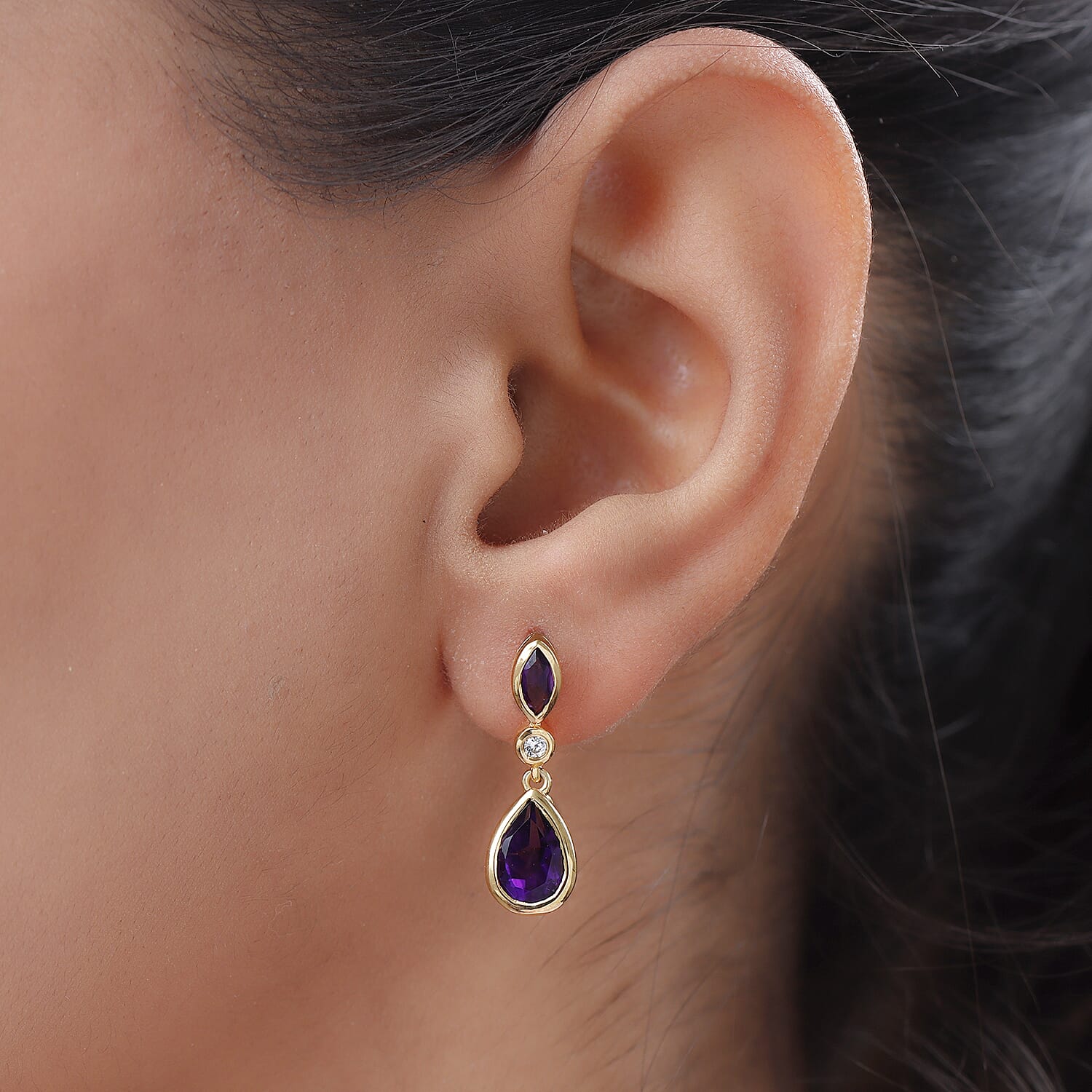 Lusaka Amethyst and Natural Zircon Dangle Earrings in 14K Gold Overlay Sterling Silver 2.88 Ct