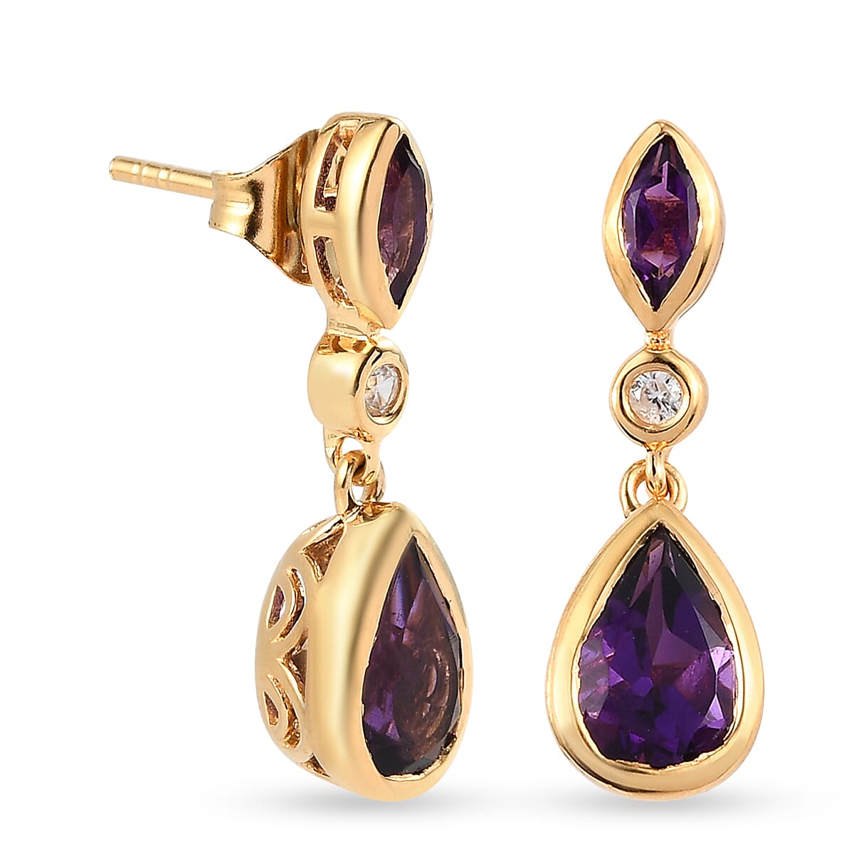 Lusaka Amethyst and Natural Zircon Dangle Earrings in 14K Gold Overlay Sterling Silver 2.88 Ct