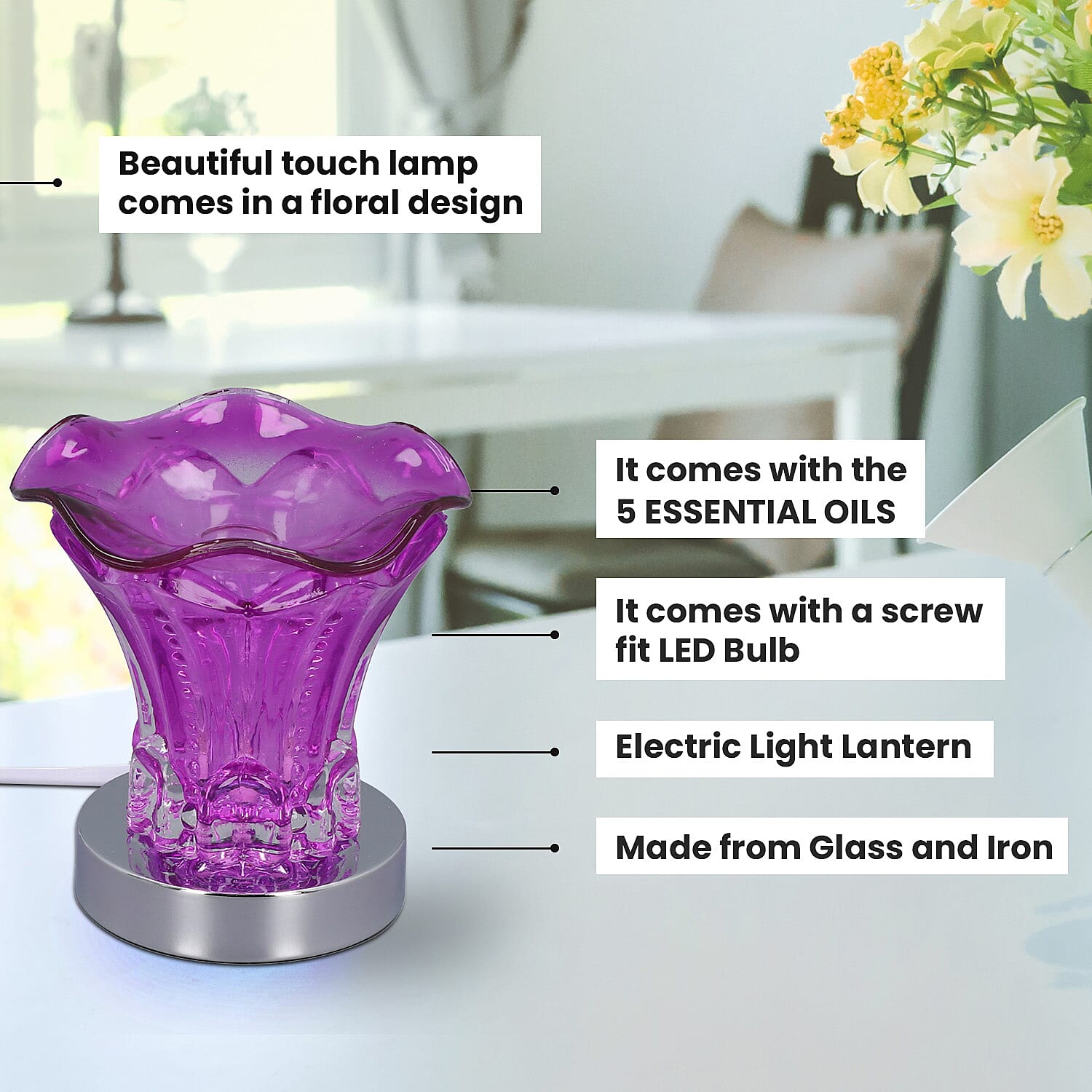 Fragrance Touch Lamp with 5 Fragrance Oil (5x10 ML) - Purple