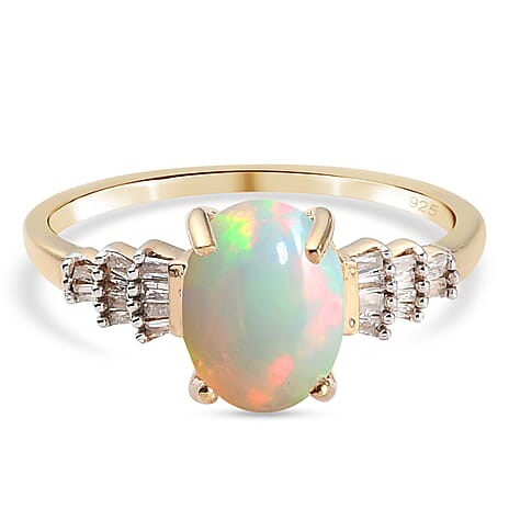 Ethiopian Welo Opal and Diamond Ring in 18K Vermeil Yellow Gold Plated Sterling Silver 1.21 Ct.