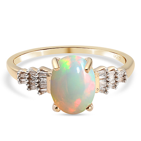 Ethiopian Welo Opal (1.25 Cts) and Diamond ( 0.25 Cts) Ring in 18K Vermeil Yellow Gold Plated Sterling Silver 1.44 Ct.