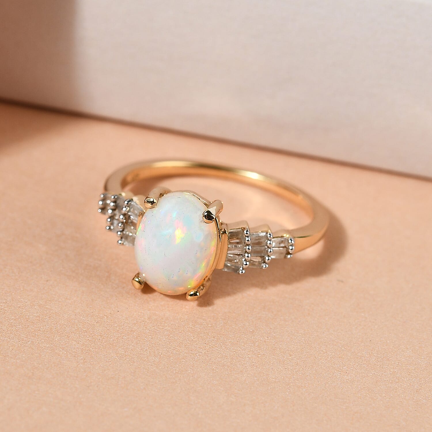 Ethiopian Welo Opal and Diamond Ring in 18K Vermeil Yellow Gold Plated Sterling Silver 1.21 Ct.