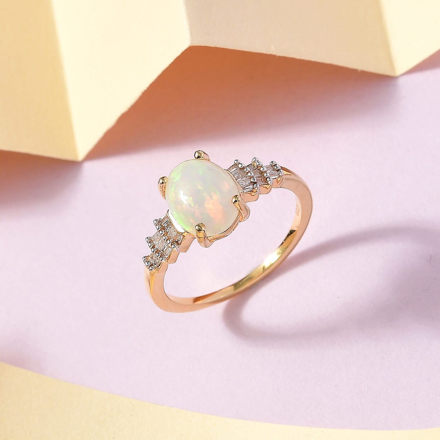 Ethiopian Welo Opal and Diamond Ring in 18K Vermeil Yellow Gold Plated Sterling Silver 1.21 Ct.