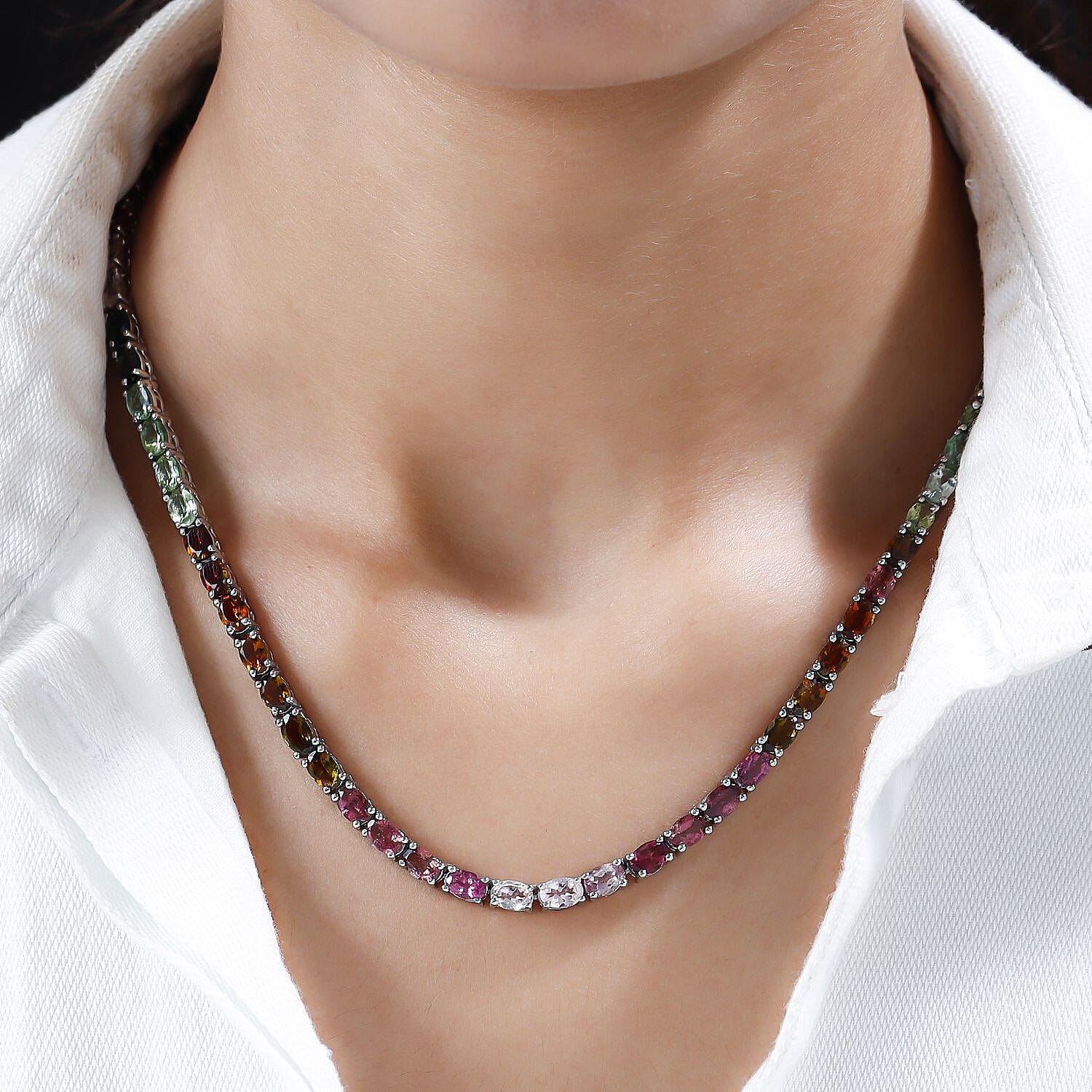 Rainbow Tourmaline Necklace (Size - 18) in Platinum Overlay Sterling Silver 32.02 Ct, Silver Wt. 23.10 Gms