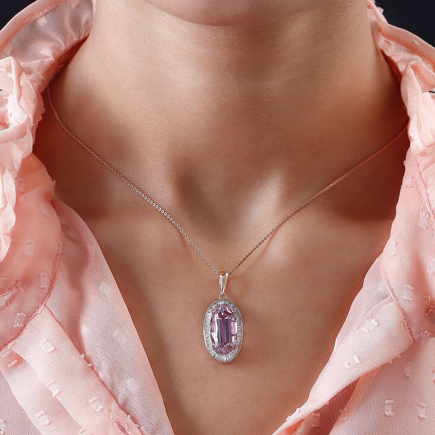 9K Rose Gold AAA Kunzite and Diamond Pendant 10.83 Ct.