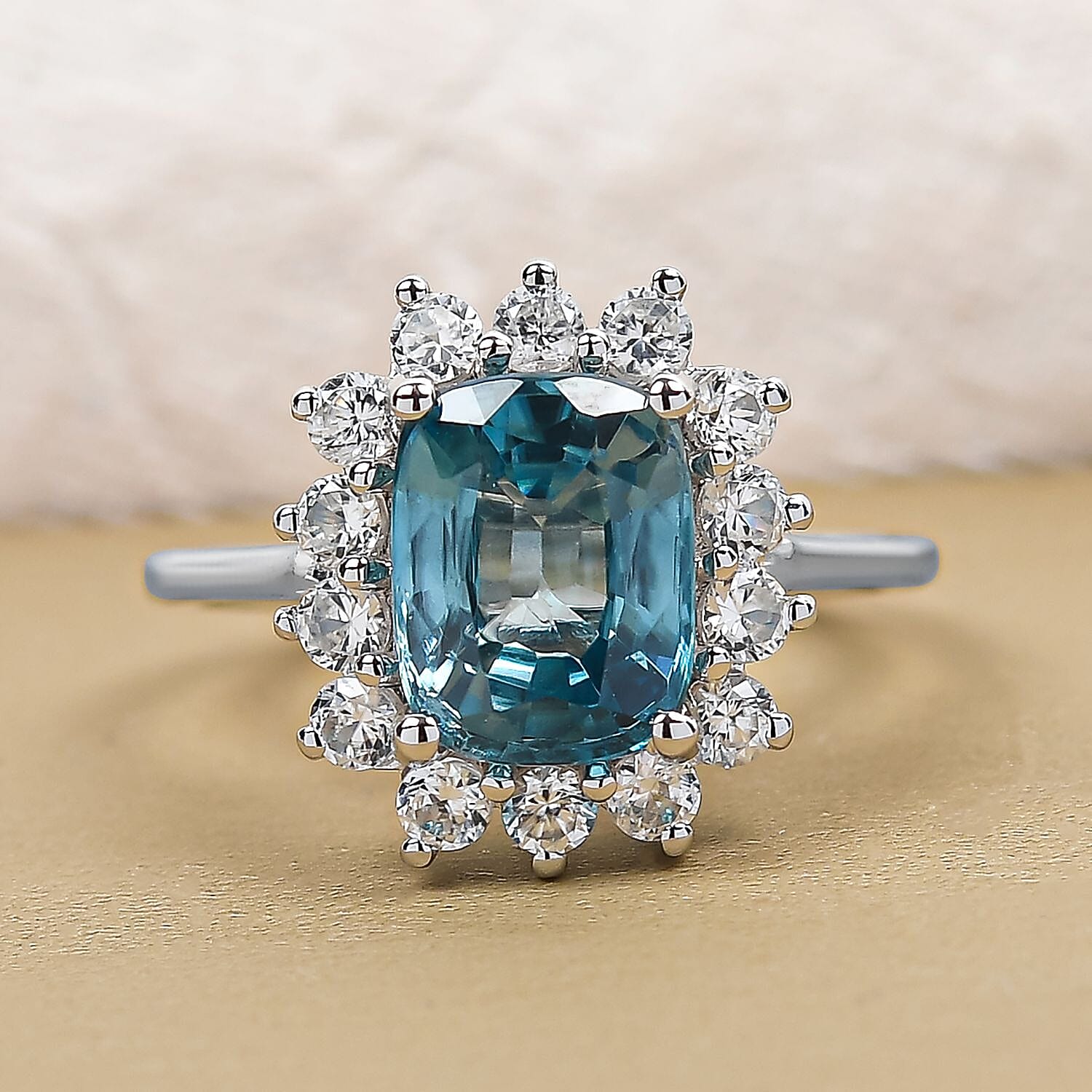 9K White Gold Blue Zircon & Natural Zircon Ring 3.63 Ct.