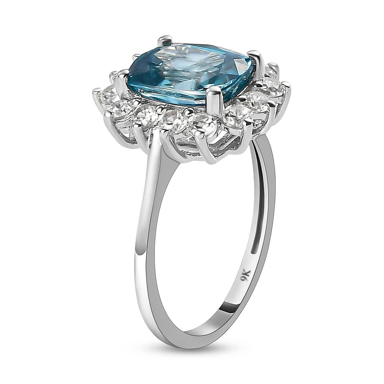 9K White Gold Blue Zircon & Natural Zircon Ring 3.63 Ct.