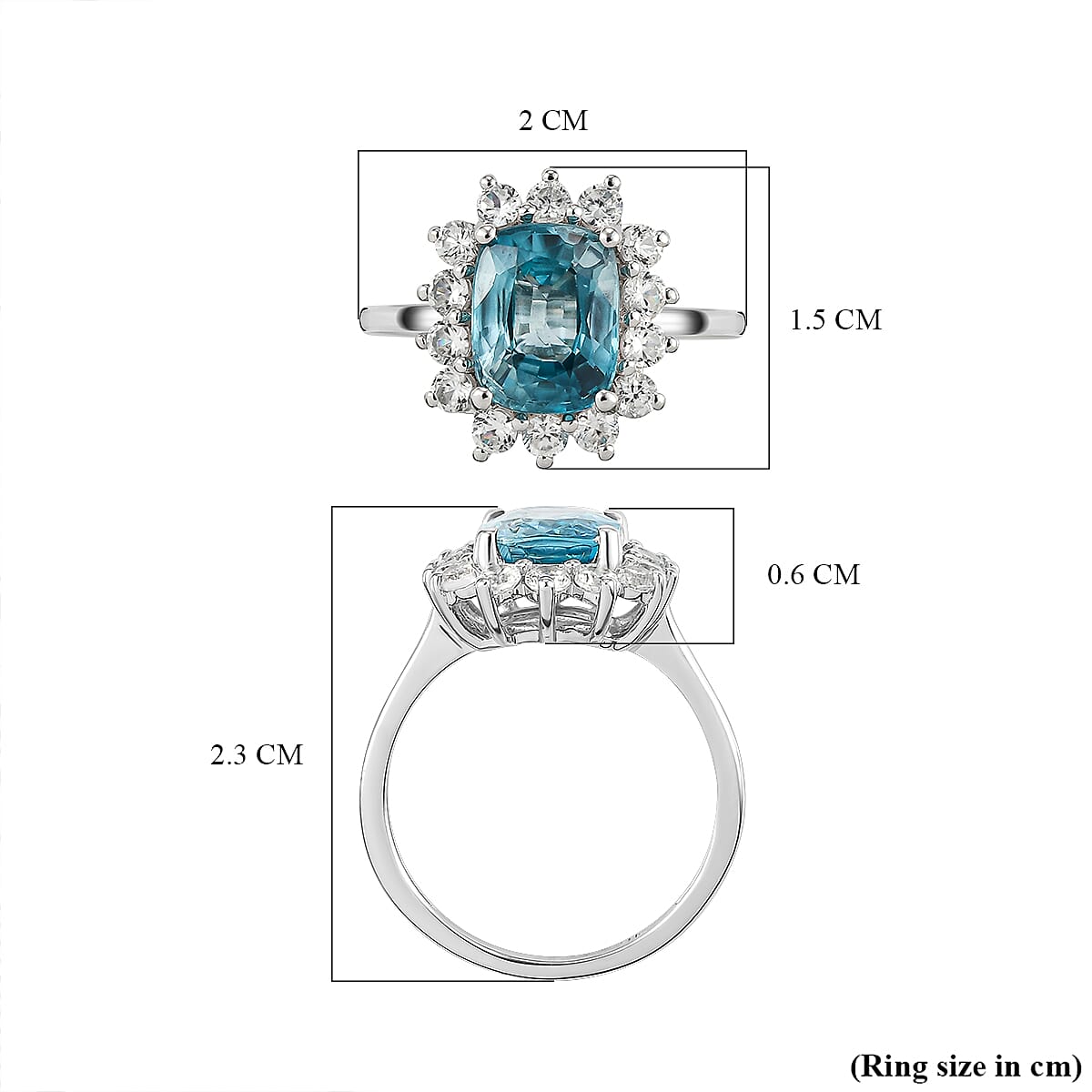 9K White Gold Blue Zircon & Natural Zircon Ring 3.63 Ct.