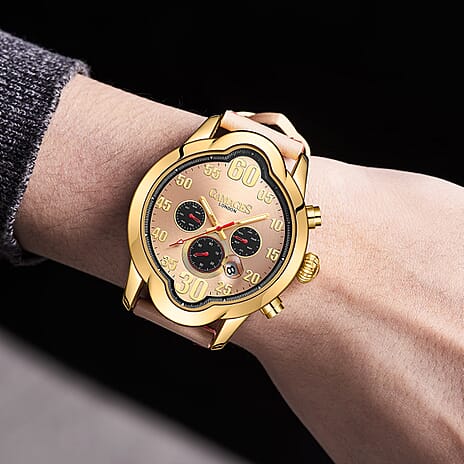 Gamages Of London Oval Exhibition Automatic Movement Rose Dial Water Resistant Watch with Beige Leather Strap