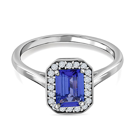 Tanzanite and Diamond Halo Ring in Rhodium Overlay Sterling Silver 1.14 Ct.