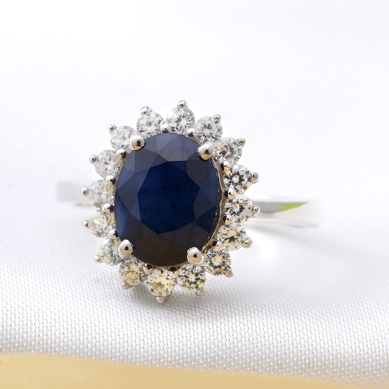 Blue Sapphire and Natural Cambodian Zircon Ring in Rhodium Overlay Sterling Silver 3.56 Ct.