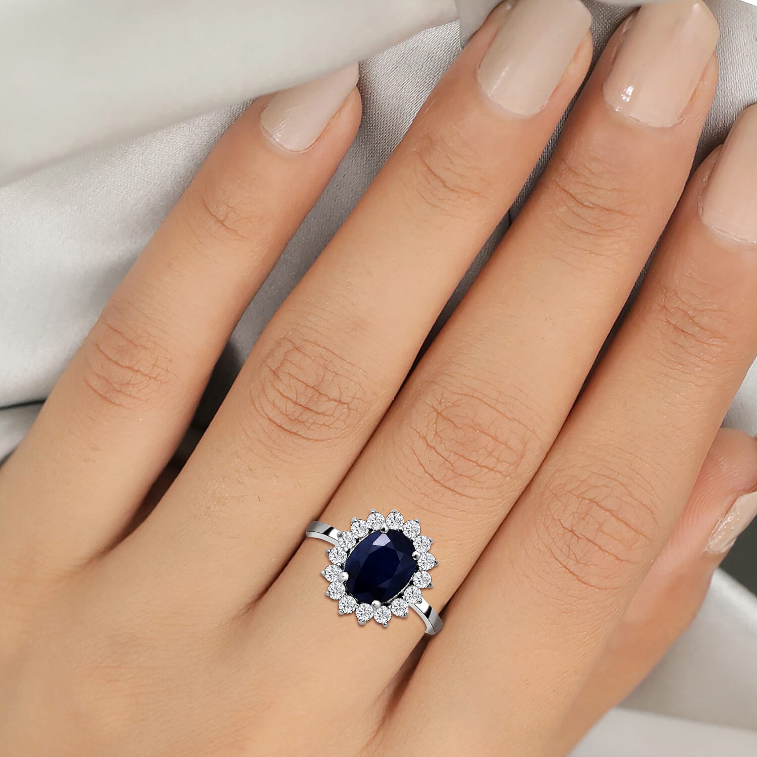 Blue Sapphire and Natural Cambodian Zircon Ring in Rhodium Overlay Sterling Silver 3.56 Ct.