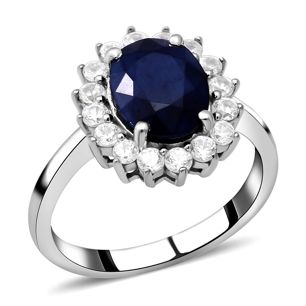 Blue Sapphire and Natural Cambodian Zircon Ring in Rhodium Overlay Sterling Silver 3.56 Ct.