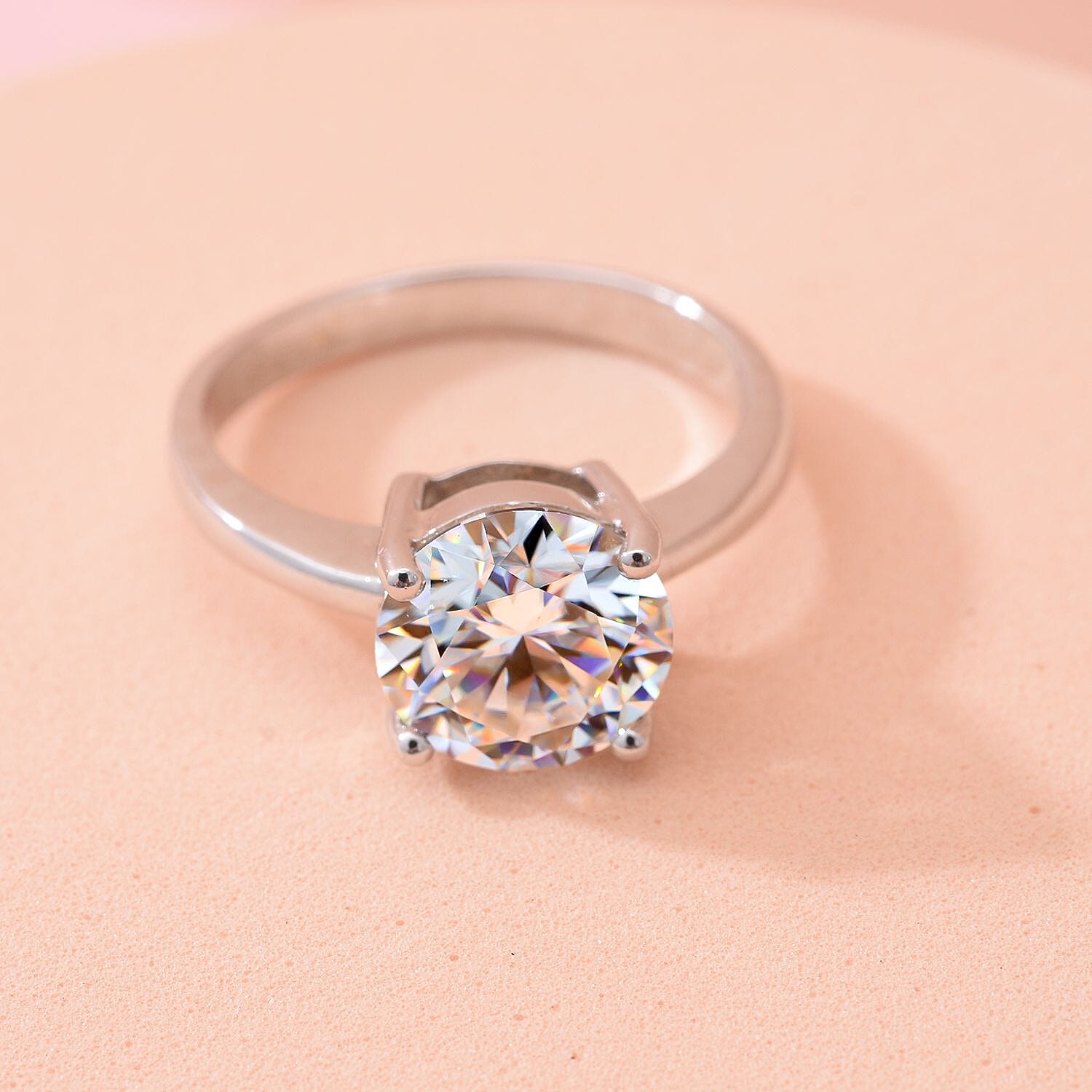 Moissanite Solitaire (100 Faceted) Ring in Rhodium Overlay Sterling Silver 3.00 Ct.