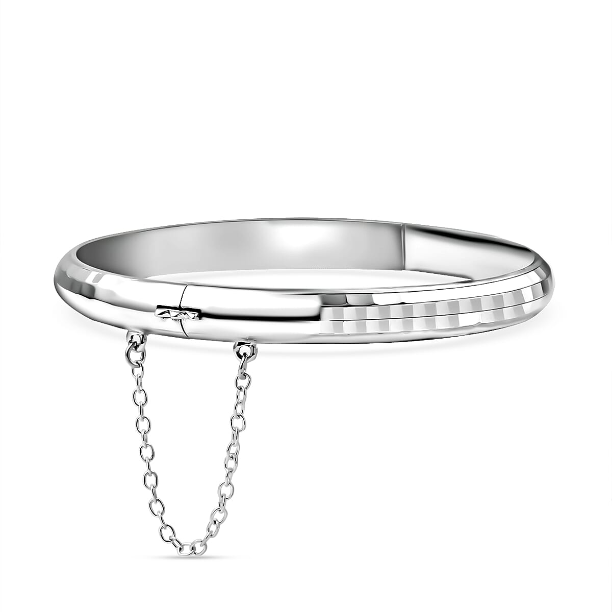 Rhodium Overlay Sterling Silver Bangle (Size 7.5) With Clasp and Safety Chain, Silver Wt. 7.85 Gms