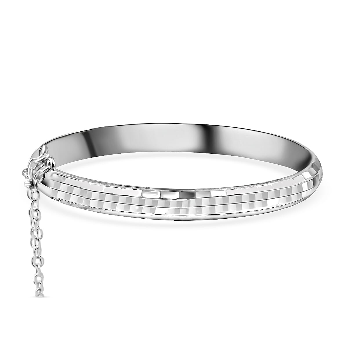 Rhodium Overlay Sterling Silver Bangle (Size 7.5) With Clasp and Safety Chain, Silver Wt. 7.85 Gms
