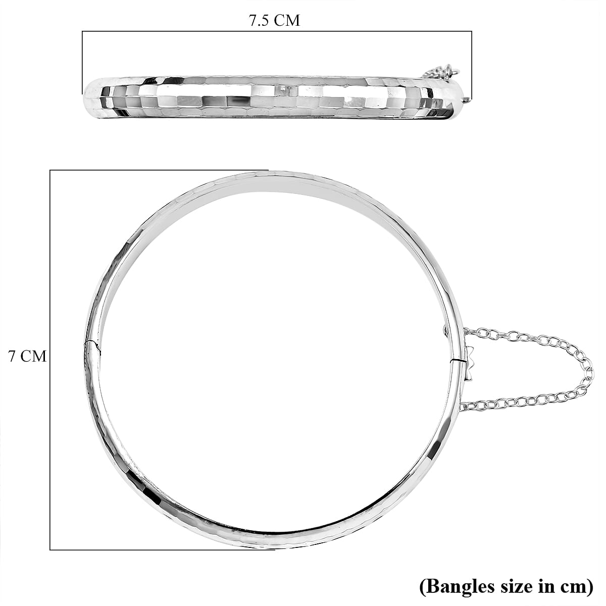 Rhodium Overlay Sterling Silver Bangle (Size 7.5) With Clasp and Safety Chain, Silver Wt. 7.85 Gms