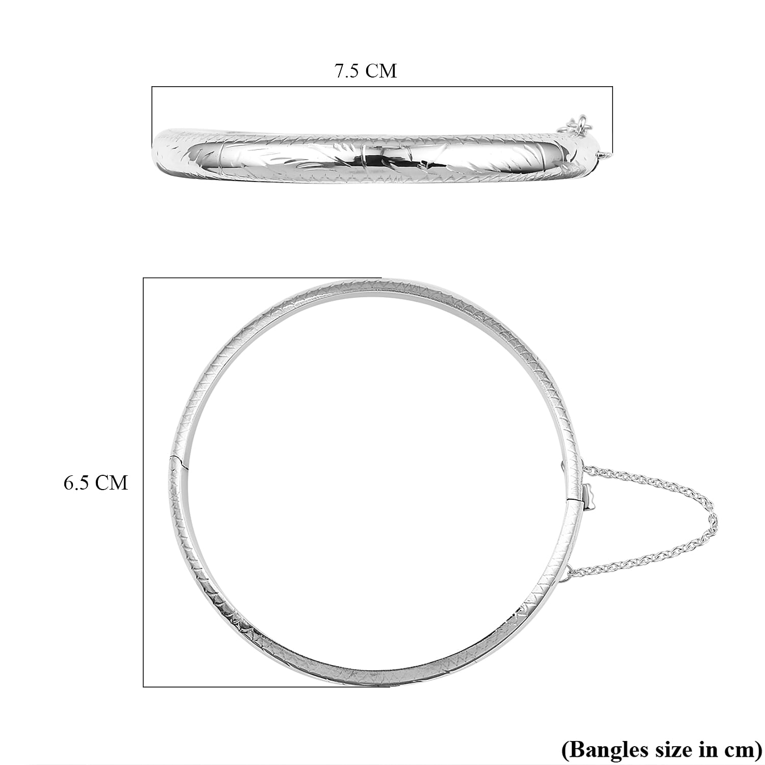 Sterling Silver Bangle (Size 7.5) With Clasp and Safety Chain, Silver Wt. 8.90 Gms