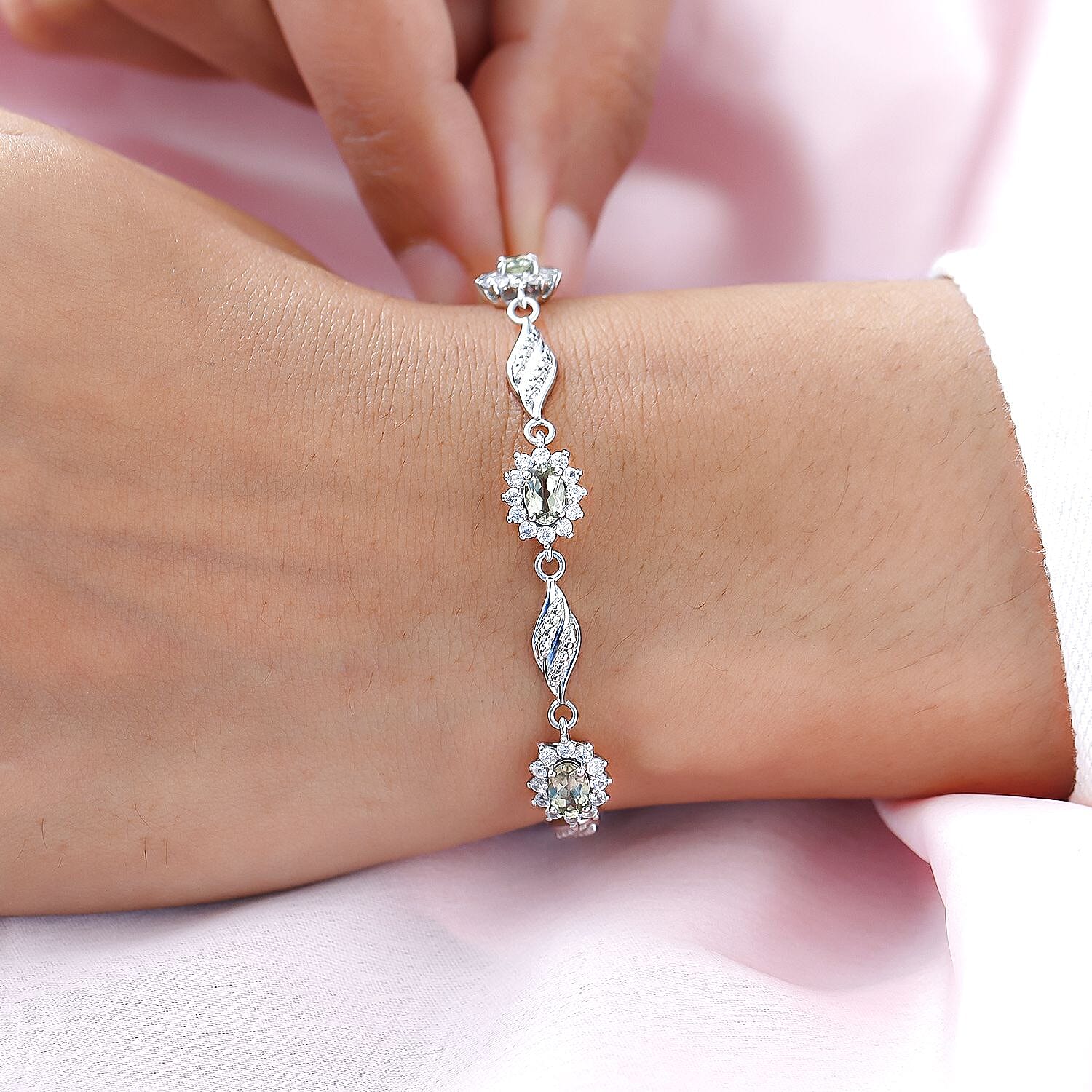 Turkizite and Natural Zircon Bracelet (Size - 7.5) in Platinum Overlay Sterling Silver 4.80 Ct, Silver Wt. 9.42 Gms