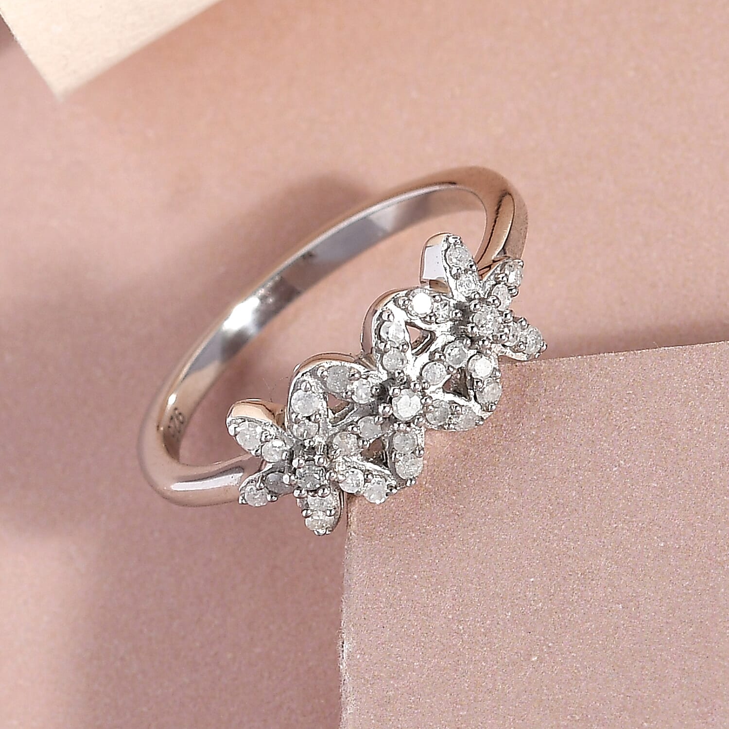 Diamond Floral Ring in Platinum Overlay Sterling Silver