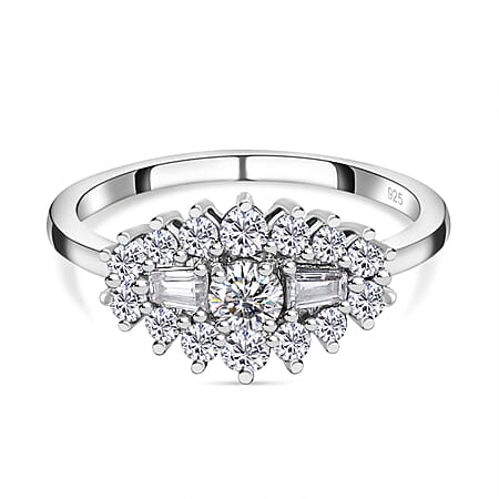 Moissanite Boat Ring in Sterling Silver with Platinum Plating