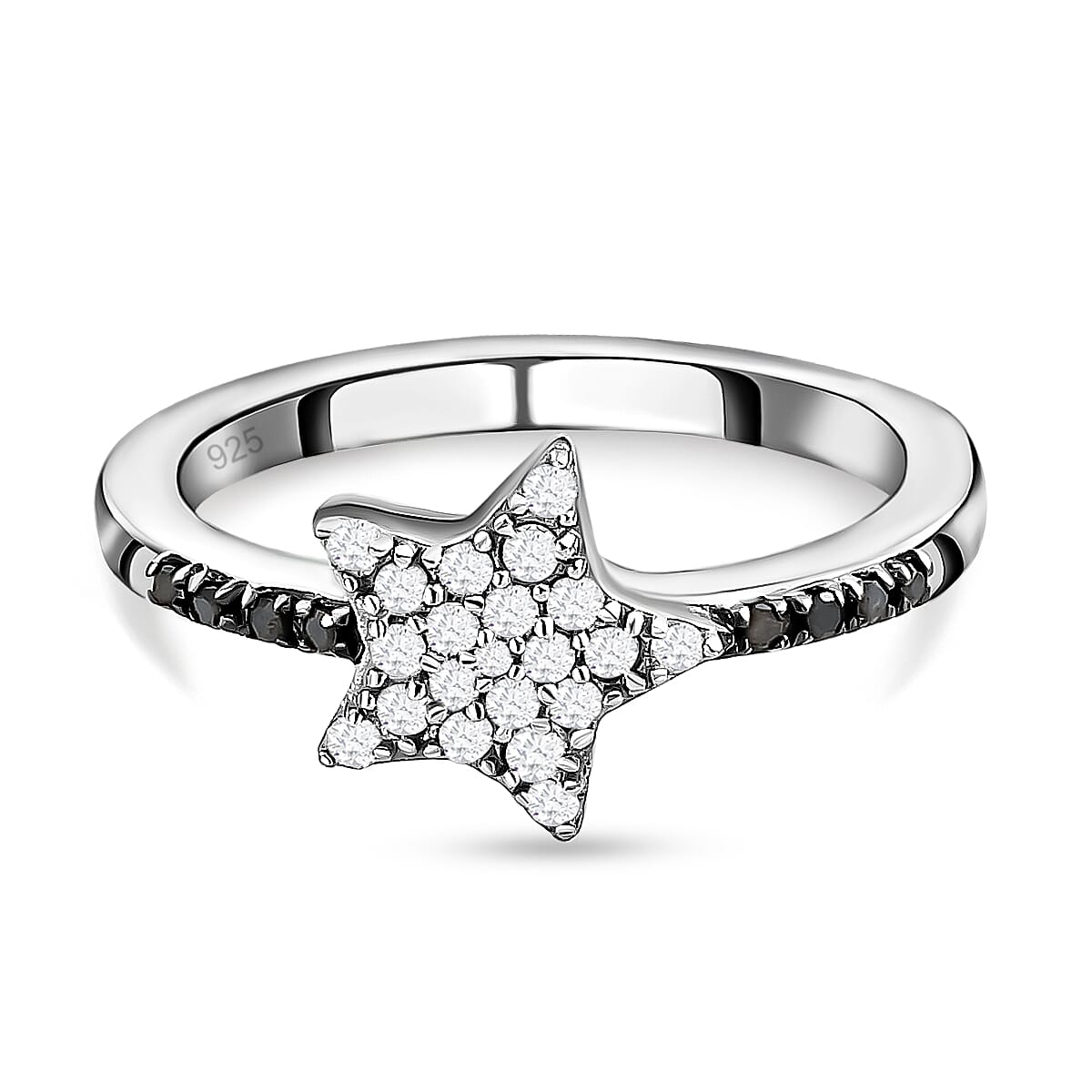 White and Black Diamond Star Ring in Platinum Overlay Sterling Silver 0.25 Ct.