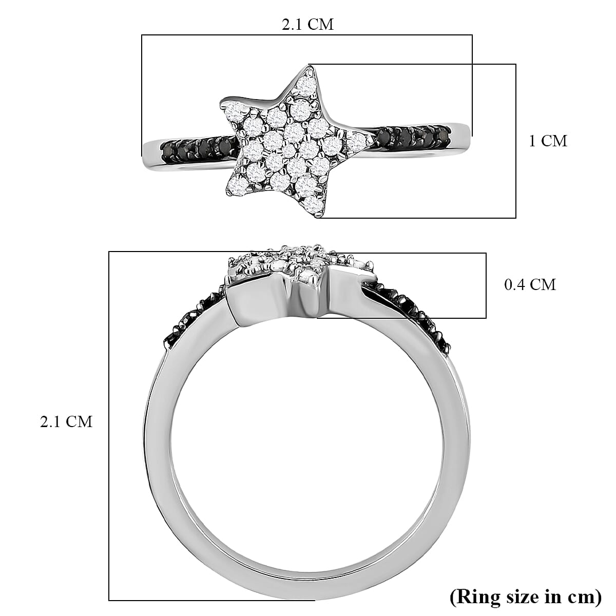 White and Black Diamond Star Ring in Platinum Overlay Sterling Silver 0.25 Ct.