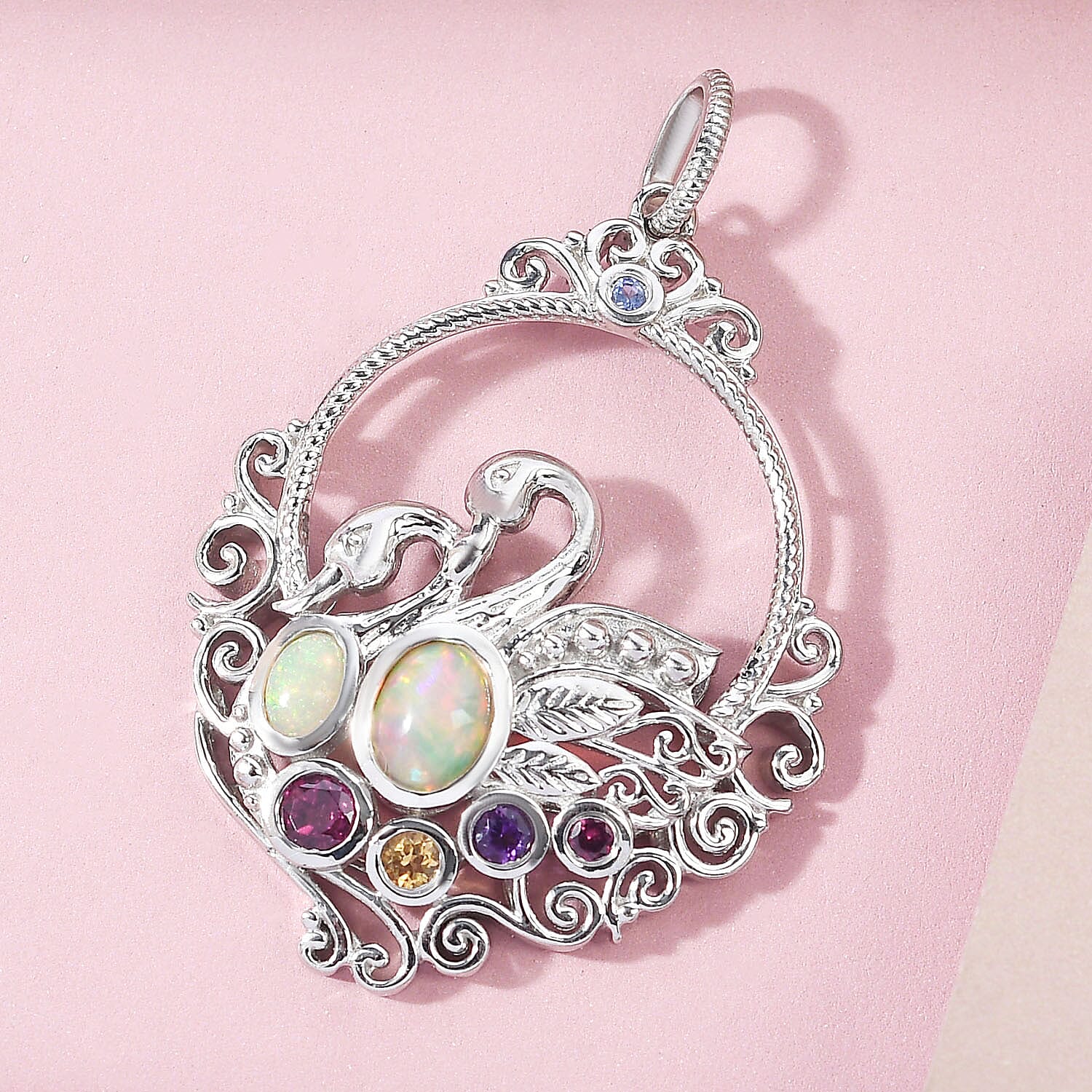 GP - Ethiopian Welo Opal and Multi Gemstones Pendant in Platinum Overlay Sterling Silver 1.72 Ct, Silver Wt. 10.83 Gms